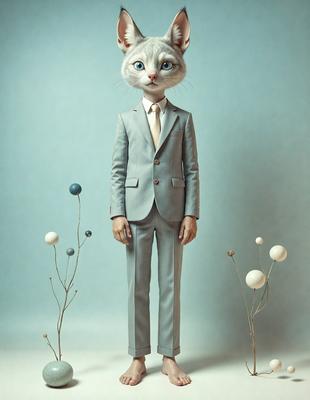 The primary subject of the image is a person, specifically a man, wearing a suit and tie. He is standing in front of a backdrop featuring a blue wall and a row of white balls. The visual style of the image is a combination of photo and digital art, creating a unique and intriguing scene. The colors in the image are predominantly blue and white, giving the scene a calm and sophisticated atmosphere.